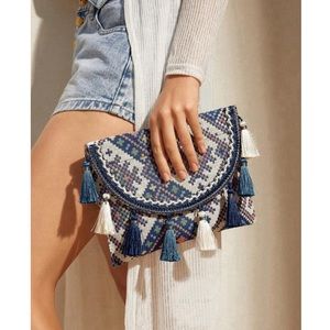 Fringe Decorated Flip Cover Multicolor Woven Bag